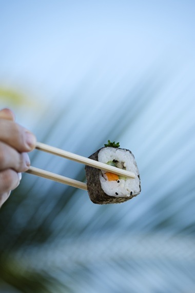 Outdoor beachfront Sushi Bar with fresh rolls and Caribbean ocean views